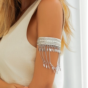 Bohemian silver metal arm chain with layered tassels and leaf pendants for women