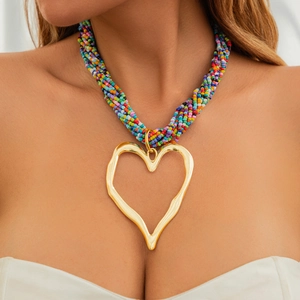 Collier Multicouche Bohème en Alliage Perle Artificielle Femme Pendentif Cœur de Lave Exagéré Bijoux Statement Perles