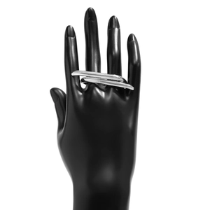 Polished silver double-finger bow ring with minimalist geometric metal wrap design