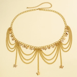Detail of gold butterfly multi-layer body chain with tassels and adjustable lobster clasp