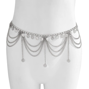 Detail of silver multi-layer waist chain with metal coin charms on a white mannequin