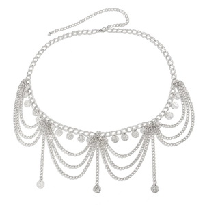 Detail of multi-layer silver alloy waist chain with vintage coin pendants and lobster clasp