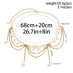 Detail of layered waist chain with gold links, pearls and measurement specifications