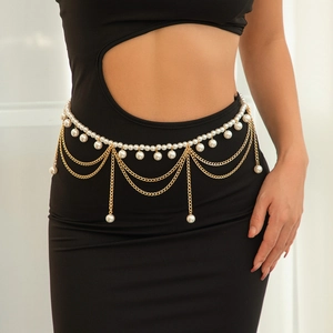 Multi-layer gold star and pearl waist chain for women with elegant metal pendants
