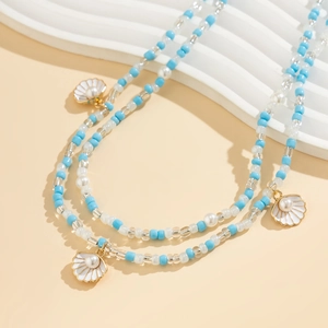 Cadena de cintura para playa con cuentas azules y blancas, colgantes de concha y perlas