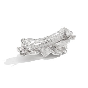 Detailed back view of silver alloy hairpin showing mechanical spring clip and non-slip texture