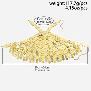 Detail of gold heart sequin body chain with dimensions and lobster clasp closure