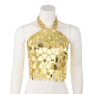 Detailed view of golden heart-shaped sequins on a halter neck body chain accessory