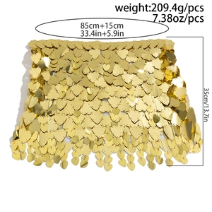 Size specifications for gold heart sequin body chain with 85cm plus 15cm waist dimensions