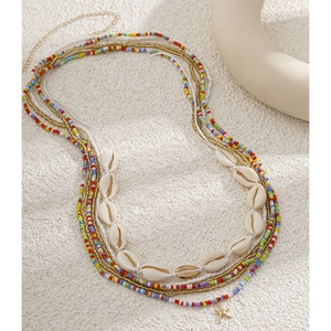 Close-up of colorful beaded waist chain with natural shells and starfish charm