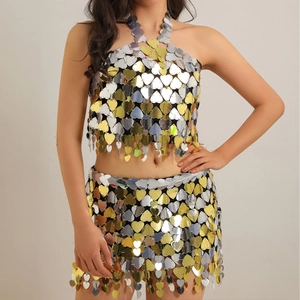 Heart Star Sequin Body Chain Halter Top And Mini Skirt Fashion Jewelry For Party Festival Rave Women