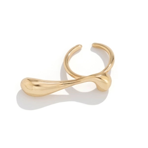 Detailed view of adjustable gold liquid metal ring with teardrop accent on white background