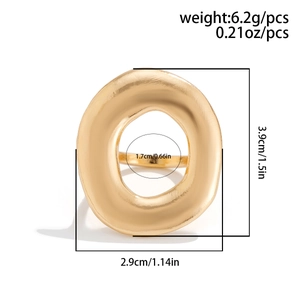 Detailed view of matte gold irregular oval ring with size measurements and weight