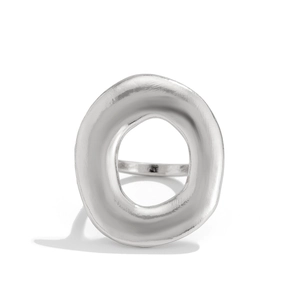 Detail of irregular silver water drop ring showing brushed matte metal finish and texture