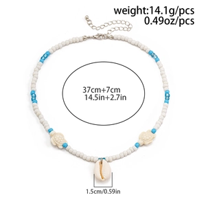 Close-up of ocean style beaded necklace with shell pendant and starfish detail dimensions