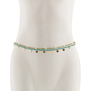 Detail of double-layer waist chain with gold beads, turquoise and metallic sequins