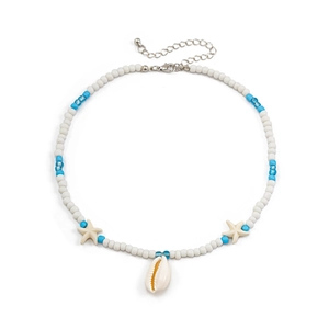Ocean style beaded necklace with white starfish and shell pendant on a clean white background