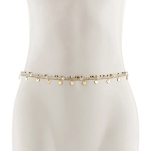 Detail of bohemian waist chain with layered beads, faux pearls and gold metal sequins