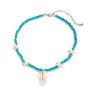 Detailed view of beach necklace with starfish charms, shell beads and lobster clasp