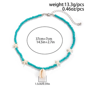 Detail of beach necklace with turquoise beads, white starfish, and shell pendant size