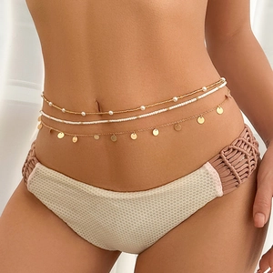 Bohemian multi-layer gold waist chain with white beads and metallic round sequins