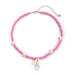 Pink ocean bead necklace with white starfish charms and a cowrie shell pendant