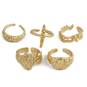 Detailed set of 5 irregular golden lava texture open rings with molten metal finish