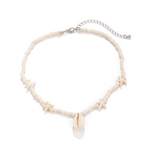 Detail of shell pendant and starfish beads on a beach style beaded choker necklace