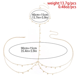 Detailed size chart for the gold multi-layer star body chain showing length and weight