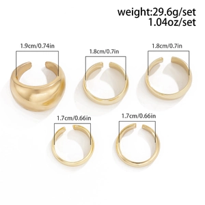 Detailed size chart for a set of 5 gold lava rings showing diameters and 29.6g weight
