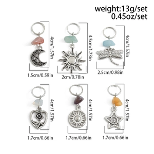 Detailed size chart for six silver hair charms with colorful natural gemstones