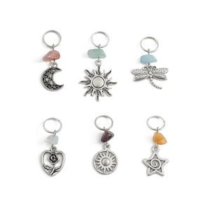6pcs bohemian silver hair charms with natural healing stones and moon sun pendants