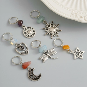 Bohemian silver alloy hair rings set with vintage sun moon star and colored stone charms