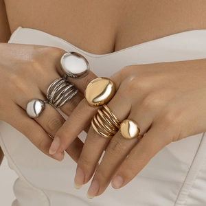 Vintage Irregular Lava Texture Geometric Alloy Open Ring Set For Women Gold Silver Plated Stackable Metal Line Rings