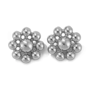 Detailed view of polished silver bead flower stud earrings with a mirrored metallic finish