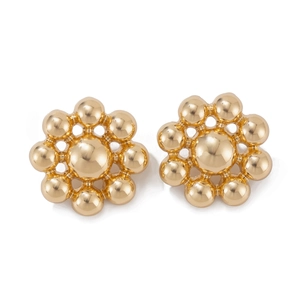 Macro detail of gold geometric ball cluster earrings with high polish sunburst design