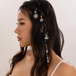 Bohemian Dreadlock Hair Rings Alloy Metal Star Moon Sun Dragonfly Heart Charms With Colorful Stones For Women Braid Jewelry
