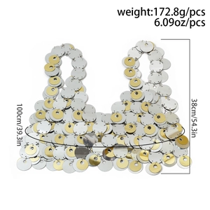 Detail showing metallic sequin crop top dimensions and lightweight alloy chain texture
