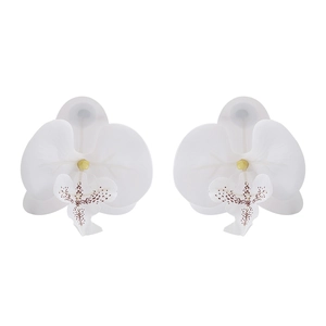 Nahaufnahme von weißen Orchideenohrringen mit gelber Mitte und feinen braunen Flecken