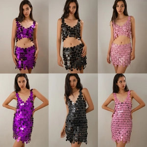 Sexy Plastic Sequin Hollow Out Body Chain Top And Skirt Nightclub Party Rave Women Metal Ring Link Disc Dress Jewelry