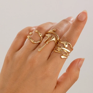 Three-piece gold molten lava liquid style open rings with irregular fluid design