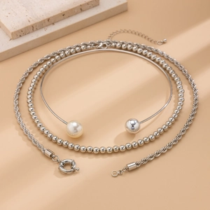 Three-piece layered necklace set with pearl, bead chain and silver twist rope chain