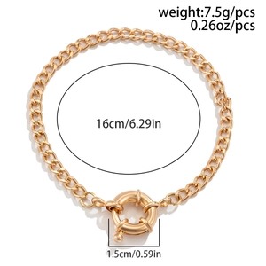 Detail view of gold chunky chain bracelet with mariner clasp and size specifications