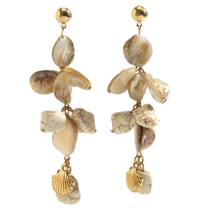 Detail of bohemian shell earrings with marble stone and golden shell pendants