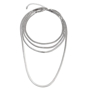 Close-up of a four-layer silver snake bone chain necklace with lobster clasp and extender