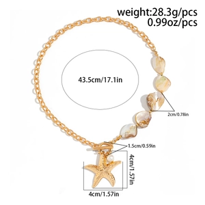 Detailed dimensions of starfish and shell necklace with OT toggle clasp and measurements