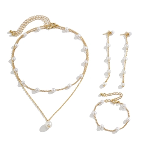 Parure bijoux 4 pièces avec collier perles doré, boucles d'oreilles et bracelet chic
