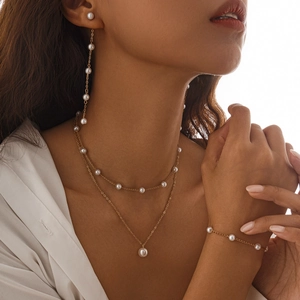 Détail de colliers dorés superposés avec perles et boucles d'oreilles à franges sur un modèle