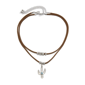Dubbellaagse bruine leren choker met zilveren cactus hanger en turquoise steeninleg