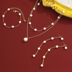 Parure de bijoux en perles et alliage doré avec collier, bracelet et boucles d'oreilles